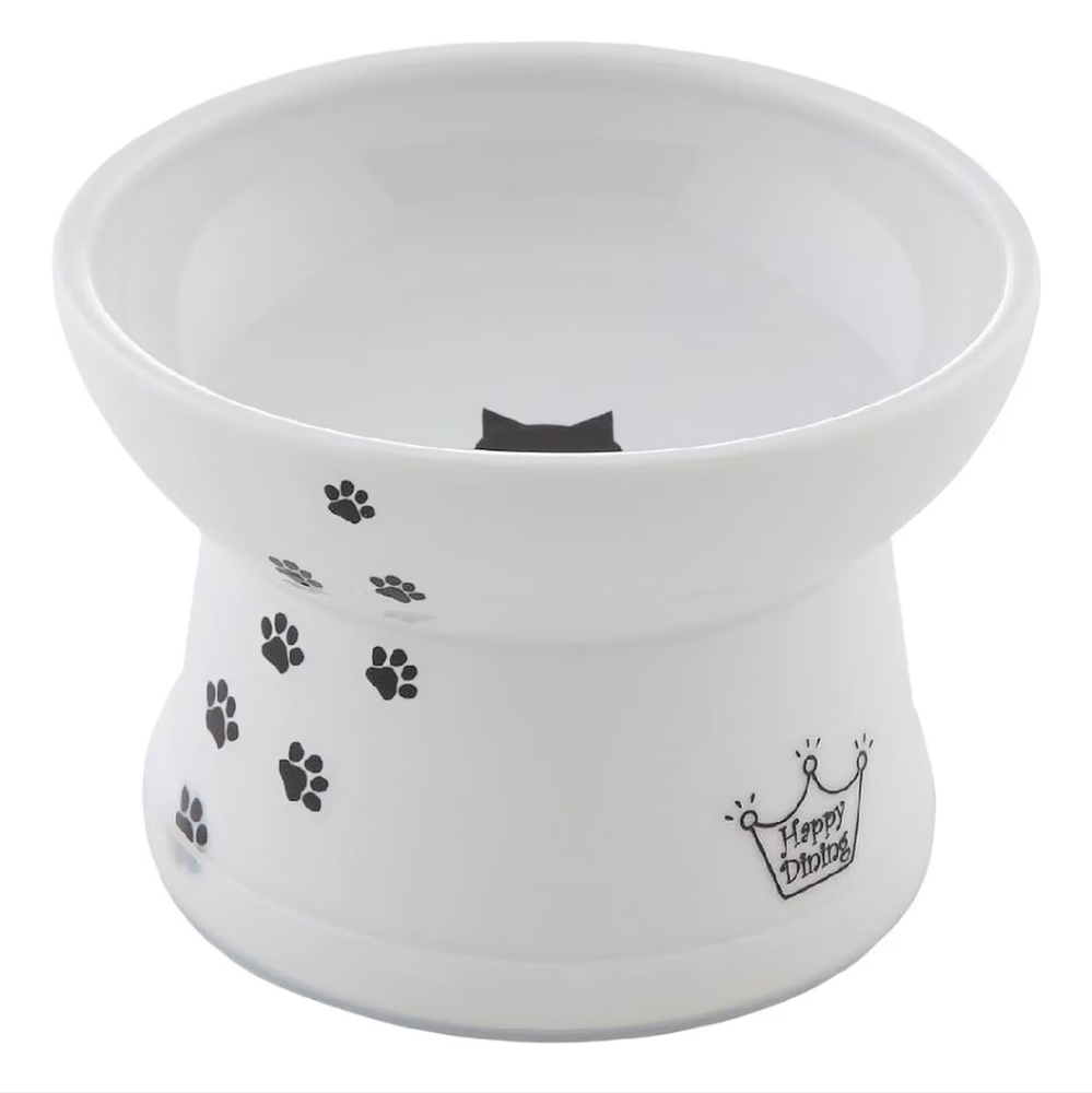 Necoichi Ceramic Elevated Cat Food Bowl, White Paw Print, 1-cup
